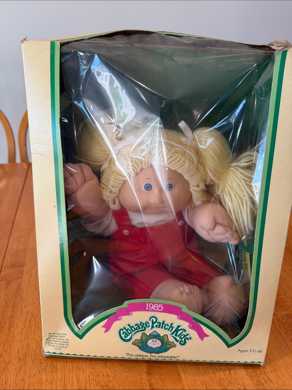 Cabbage Patch Doll from 1985 Blonde Hair Red Outfit Doll w Tooth and box